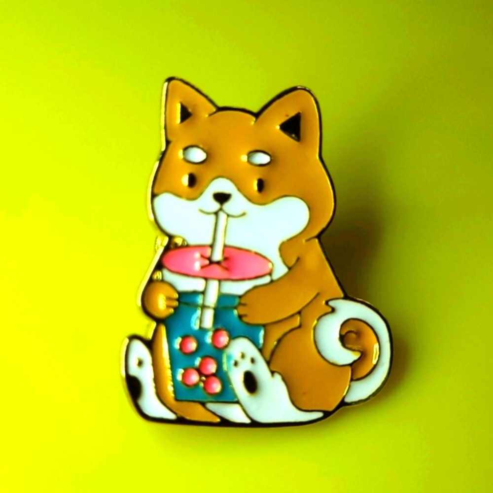 Pin: Dog drinking Boba, gold tone enamel pin